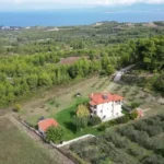Panoramic aerial view of Ktima Verde in Paliouri Chalkidiki, surrounded by forest and sea